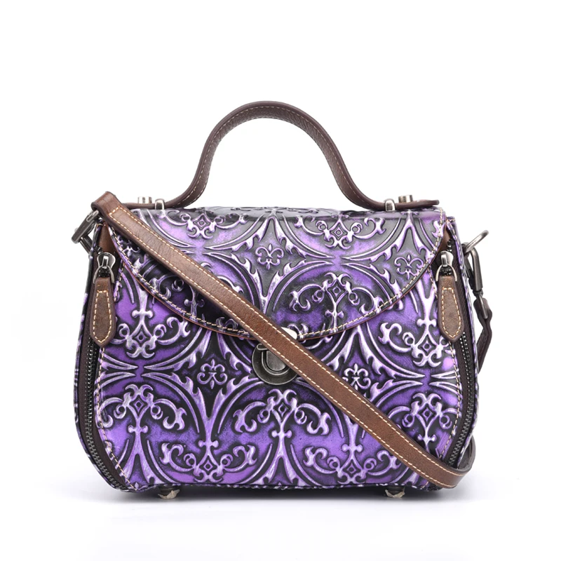 

Embossing Designer Genuine Leather Women's Small Handbag Sling Bag Ladies Saddle Bag Vintage Cowhide Female Purple Shoulder Bag
