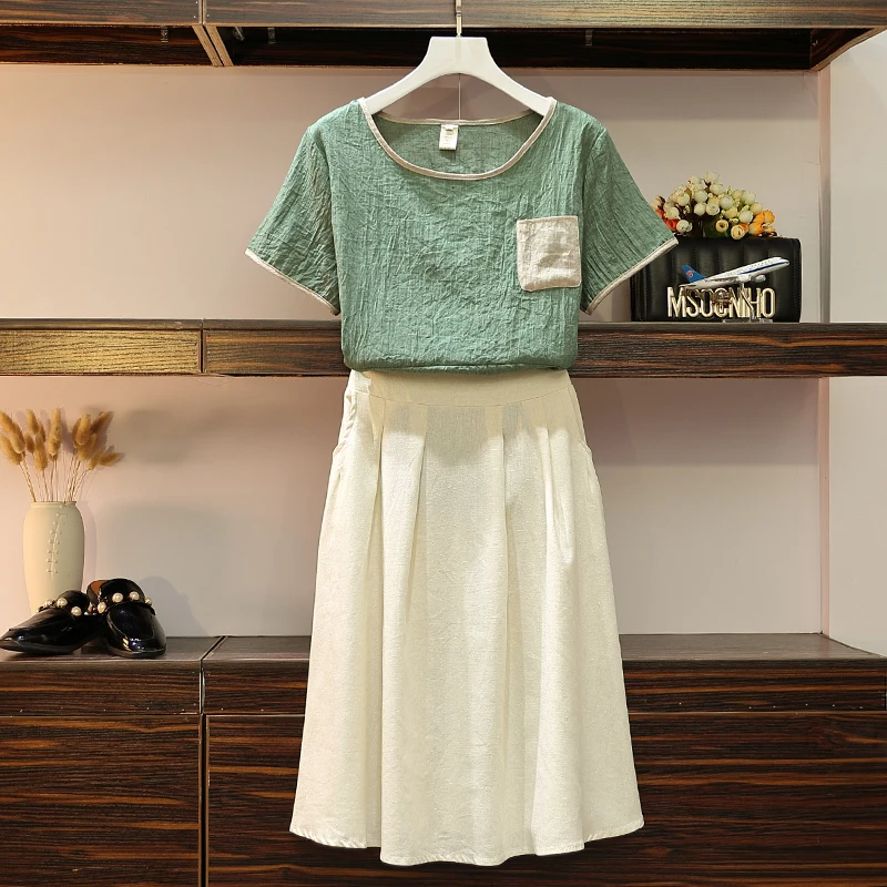 

5XL Large Size Women Cotton Linen Blouses Shirts + Elastic Waist Pocket Pleated Long Skirts 2 Pieces Clothing Sets Summer Suits