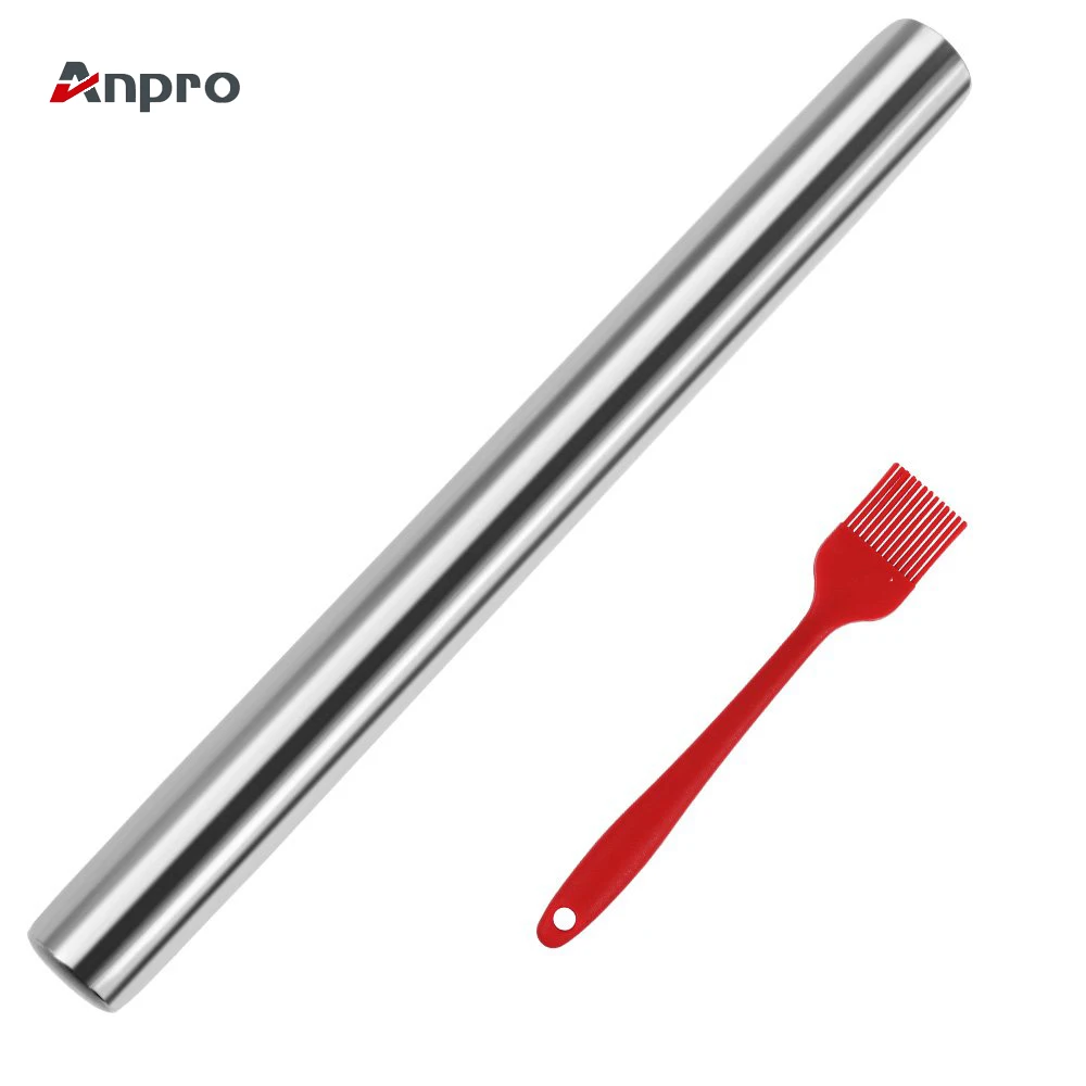 

Anpro Stainless Steel Rolling Pin Metal Roller for Kitchen Baking Kitchen Cooking Tools Accessories with a Small Silicon Brush