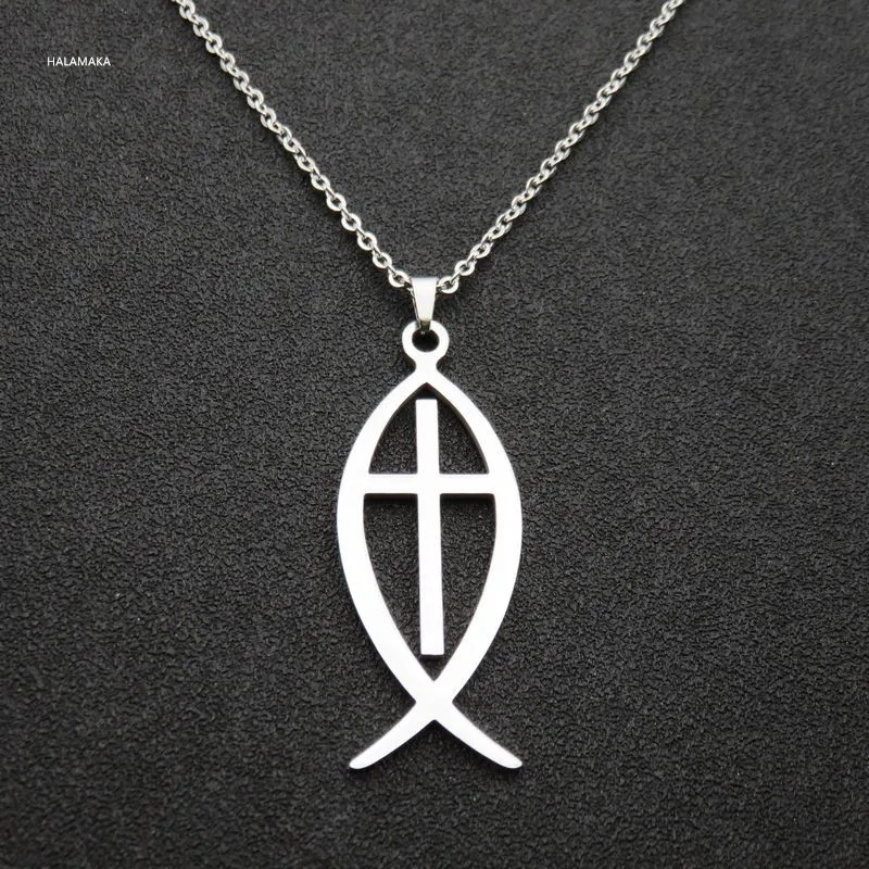 2Color Stainless Steel Cross Fish Necklace Pendant, Fashion Men's Women
