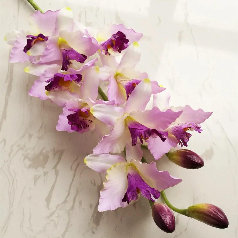 8pcs Orkid tiruan Cymbidium Saiz Besar 9 Kepala Cattleya Hybrida Bunga Anggrek untuk Pusat Pernikahan Hiasan Bunga