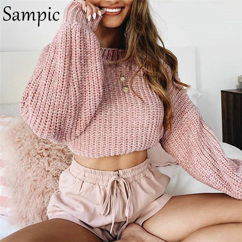 

Sampic oversized long sleeve winter autumn casual knitted sweaters and pullovers o neck women pink crop sweater 2019