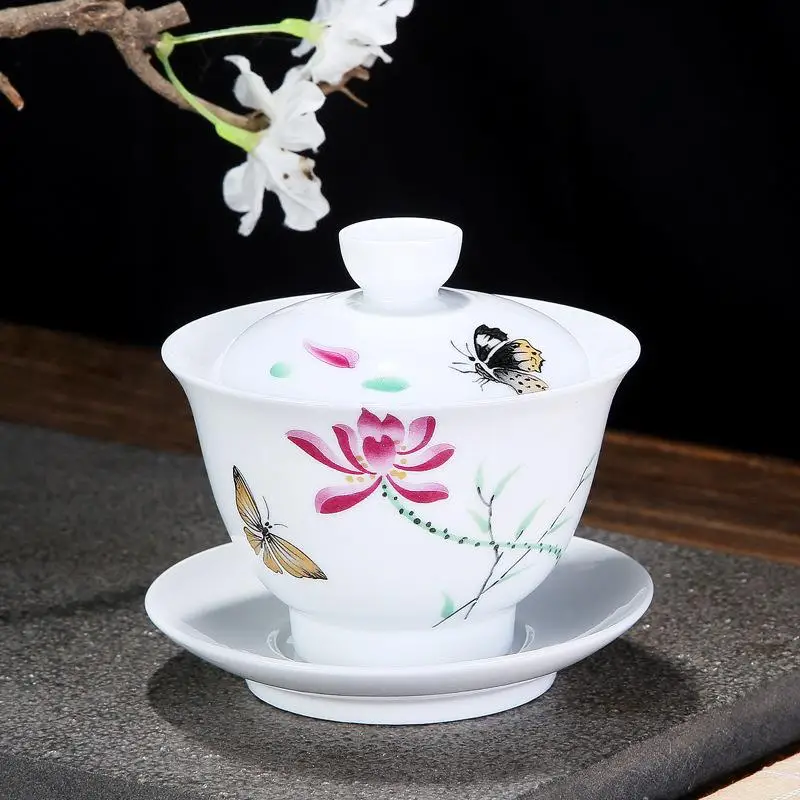 Чайный сервиз Gai Wan, китайский чайный сервиз, чайный горшок фарфоровый набор Gaiwan для путешествий, керамический красивый и чайный набор - Цвет: 15