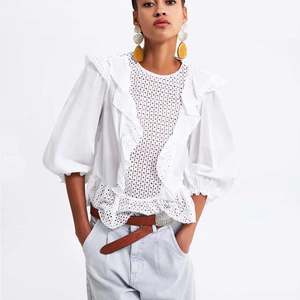 

White Blouse Women Tops and Blouses New Hallow-out Embroidered Summer Blouse Long Lantern Sleeves Patchwork Casual Cotton Blouse