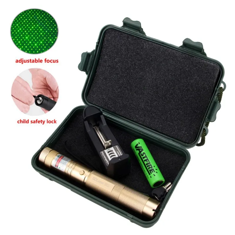 

Gold 10Mile Green Hunting Laser Bore Sighter Pen Visible Beam Burning Lazer Pointer,2 Safety Keys,US Or EU Charger,18650 Battery