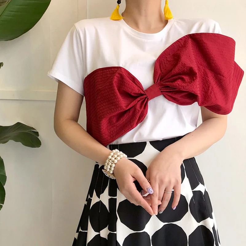 

Summer T-shirt Women Big Bow Solid Cotton Casual White Harajuku Tops Short Sleeve O-Neck Tee Shirt 2018 Tees High Quality