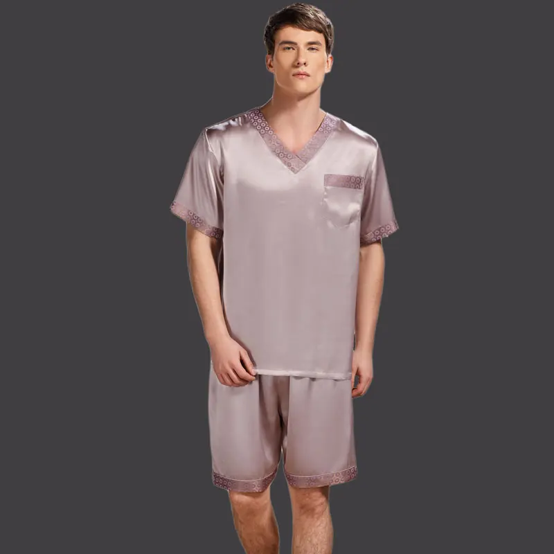 Мужская брендовая шелковая пижама, пижамный комплект с коротким рукавом, шелк тутового цвета, Классическая Пижама L/XL/XXL - Цвет: purple 2612