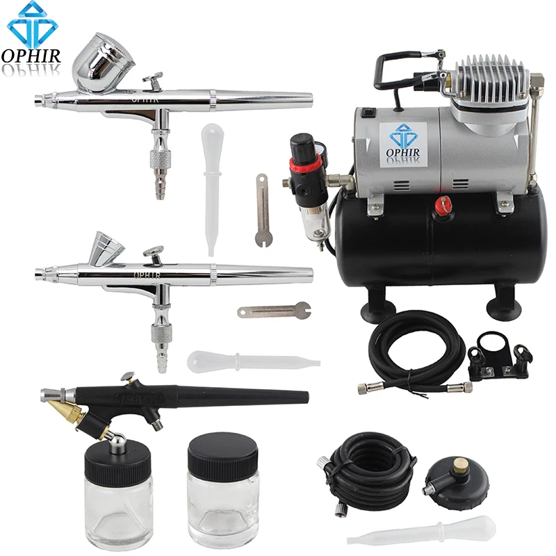 

OPHIR3-Airbrushes Dual Action & Single Action Air Brush Compressor Kit withTank for Nail Art Temporary Tattoo#AC090+004A+071+073