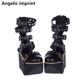 

Angelic imprint mori girl Women punk motorcycle shoe lady lolita ankle Boots woman high trifle heels pumps summer platform shoes