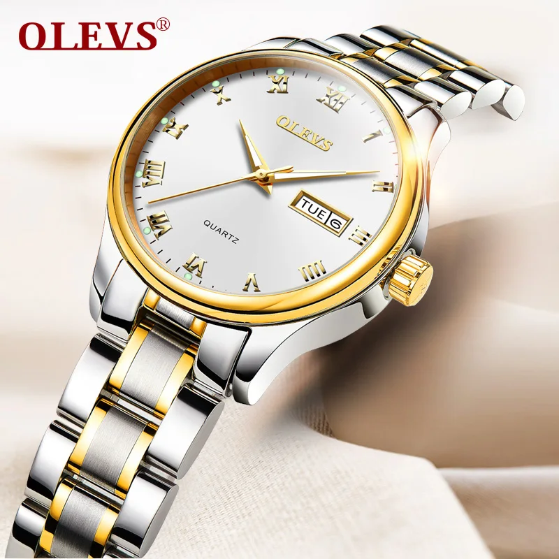 

OLEVS Romantic Lovers Quartz Watches Couple Women Men Waterproof Wristwatches Leather Bracelet Strap Gold Case Male Clock Watch