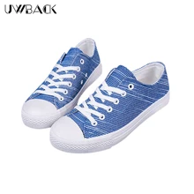 Uwback 2016 New Fashion Women Canvas Round Toe Lace-Up Stripe Jeans Autumn Shoes Plus Size Casual Rubber Flat Shoes Mujer XJ115