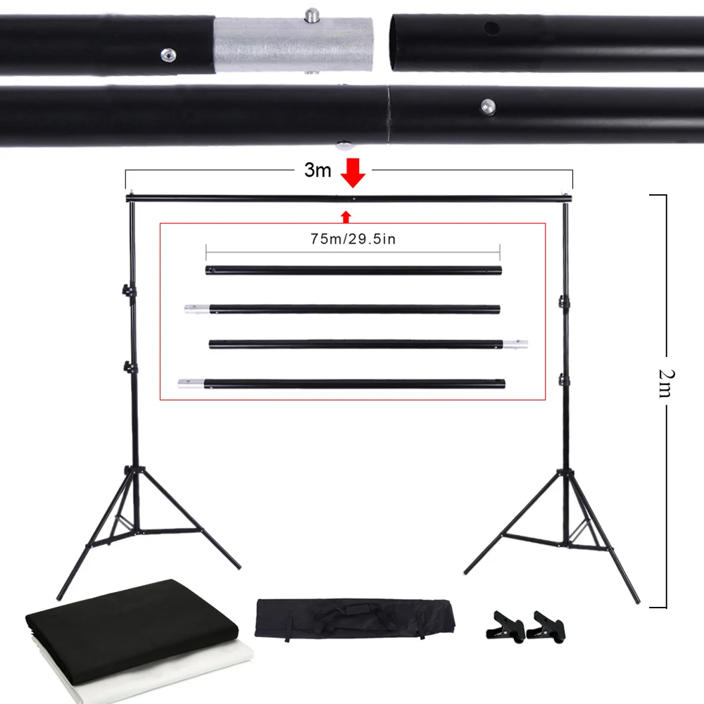 

Backdrop Stand Photo Studio Kit with Storage Bag Black White Nonwoven Backdrops and Mini Clips
