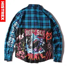 HISTREX клетчатые мужские рубашки в стиле хип-хоп с принтом акулы, куртка с длинными рукавами, рубашки с карманами, хлопок, удлиненная уличная одежда H120AF