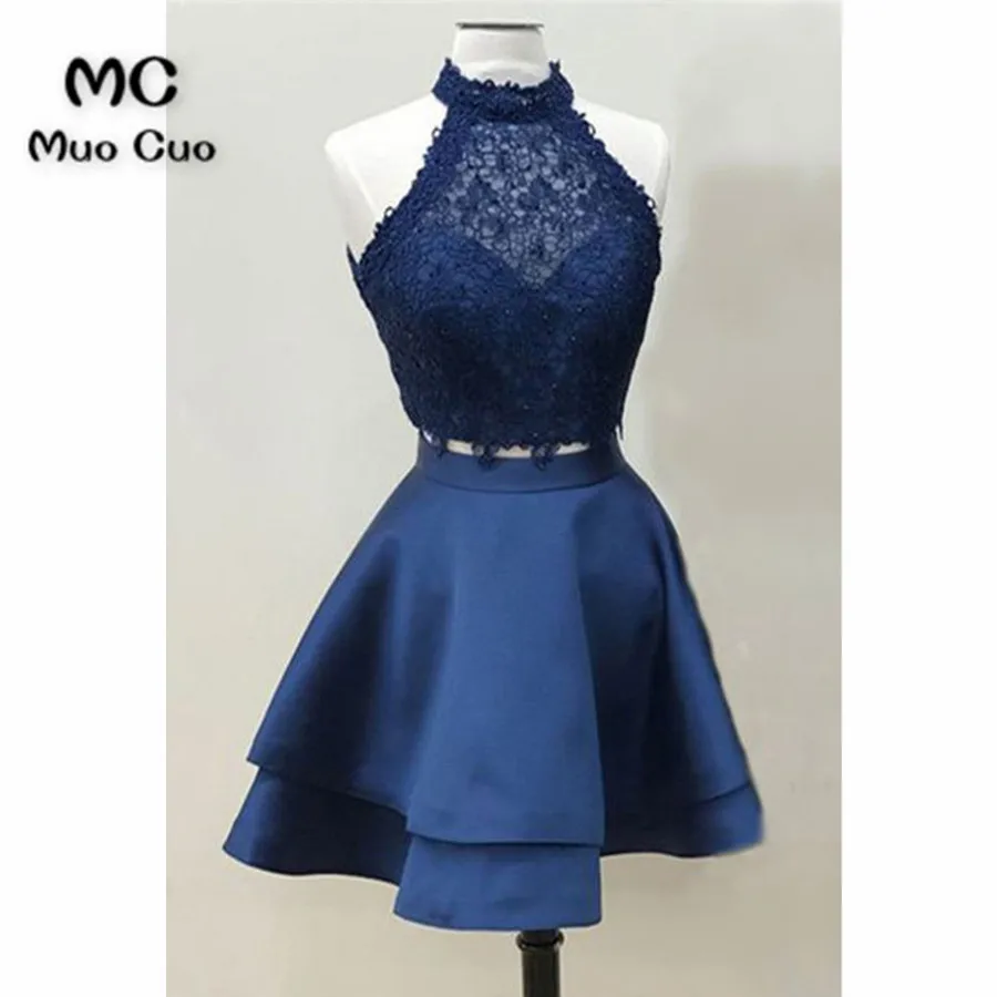 Deep blue satin two pieces mini party dress, strapless lace short bridesmaid dress