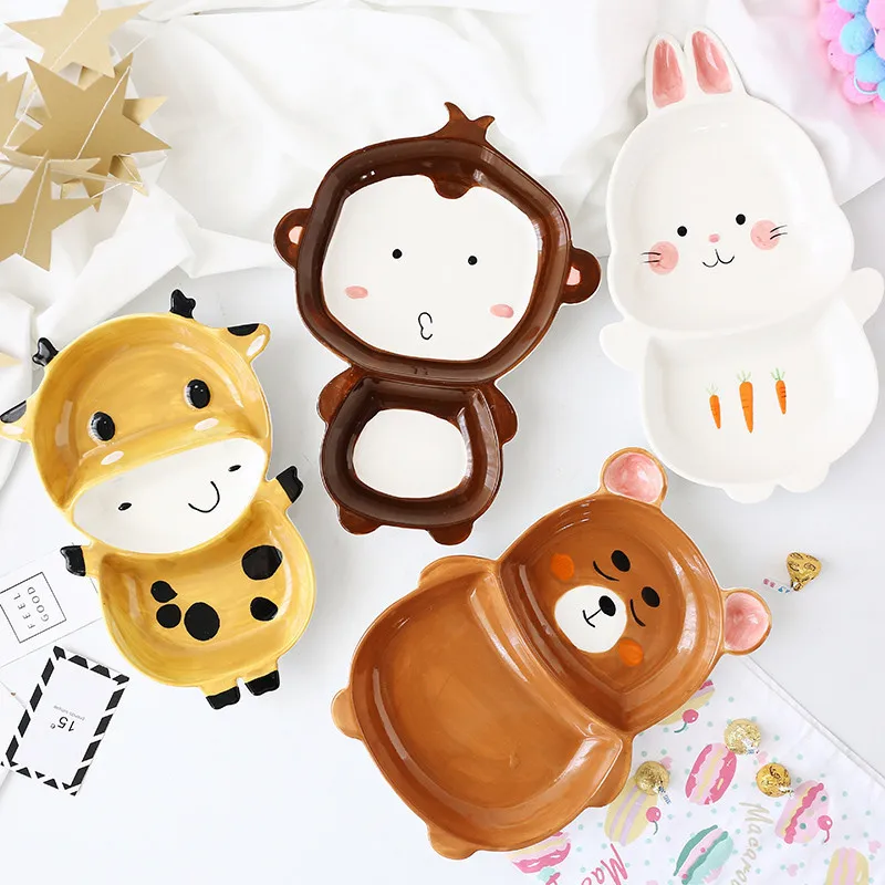 

Cute Ceramica Plates Glazed Creative Hand Painted Bowl Spoon Set Breakfast Steak Children's Fruit Plate Animal Dish Cutlery