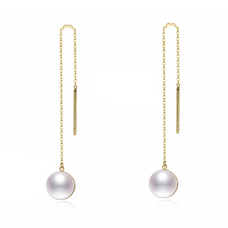 Sinya Au750 gold drop earring with 7.5-8 mm Natural Round high luster pearls 18k long chain tassel design drop earring for women цена Sinya Au750 gold drop earring with 7.5-8 mm Natural Round high luster pearls 18k long chain tassel design drop earring for women цены онлайн