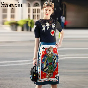 

SVORYXIU 2019 Runway Designer Summer Skirt Suit Women's Embroidery Black Tops Tees + Printed Jacquard Half Skirt Clothes Set
