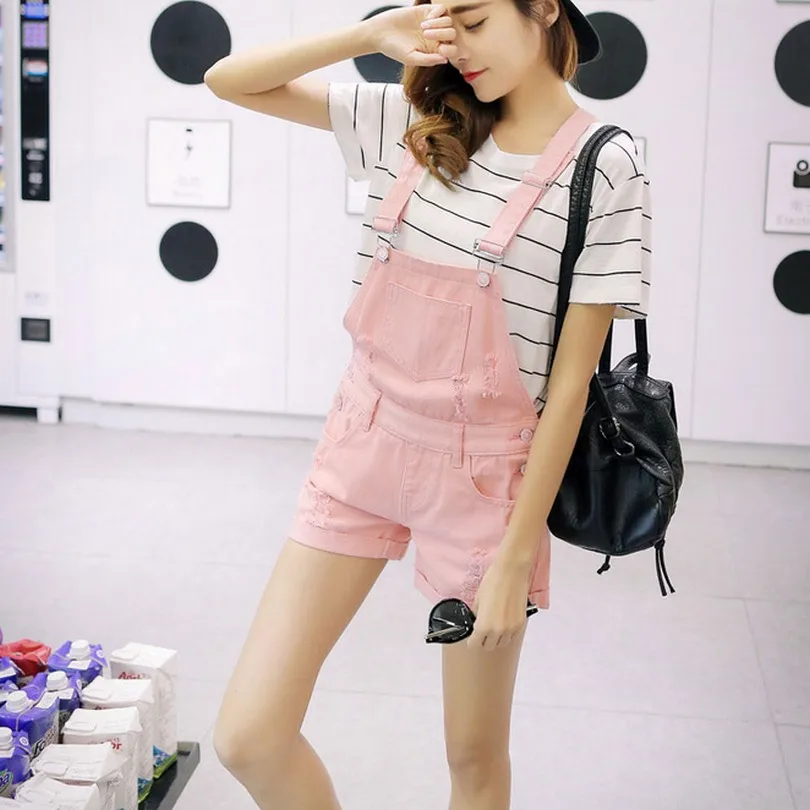 College Wind Summer Denim Bodysuit Shorts Slim Thin Straps Loose Plus Size Jumpsuit Casual Vintage White Black Pink Overalls