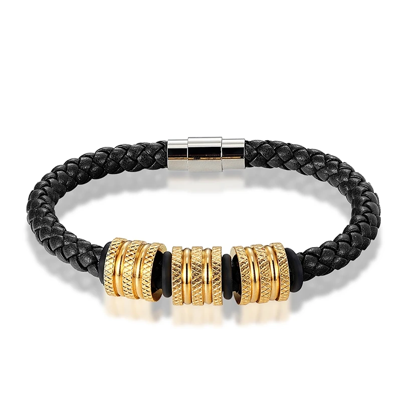 

JANEYACY HOT High Quality Stainless Steel Leather Bracelet Men Bracelet Personality Rhinestones Women Bracelet Jewelry Preferred