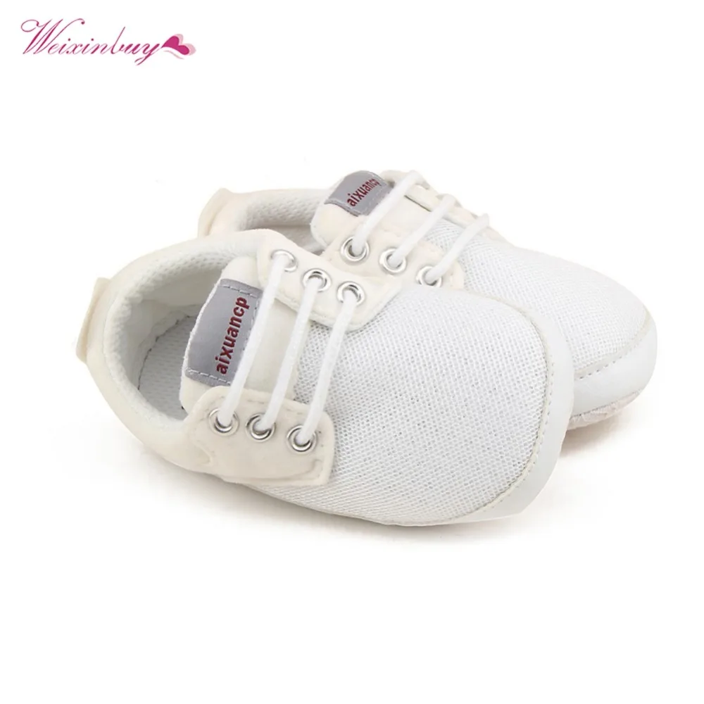 WEIXINBUY/Обувь для новорожденных мальчиков и девочек; обувь для первых шагов; сезон весна-осень; обувь на мягкой подошве для маленьких мальчиков; парусиновая детская обувь для малышей 0-18 месяцев