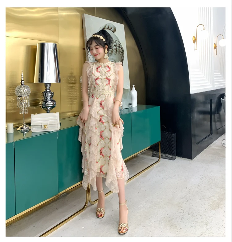 2019 الصيف عالية الجودة الذاتي صورة المدرج Desgher اللباس المرأة أكمام شبكة الزهور التطريز الكشكشة حزب اللباس