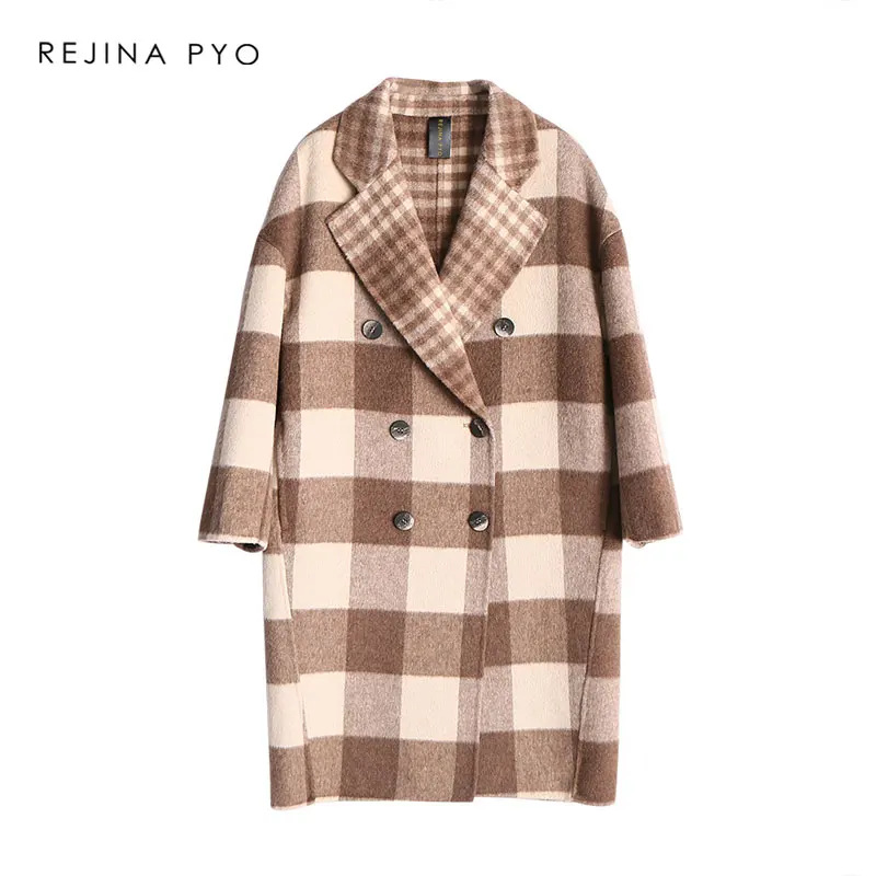 

BIAORUINA 90%Wool 10%Alpaca Double-sided Handsewn Plaid Long Coat Womens Coats 2019 Spring Loose High Quality Outerwear