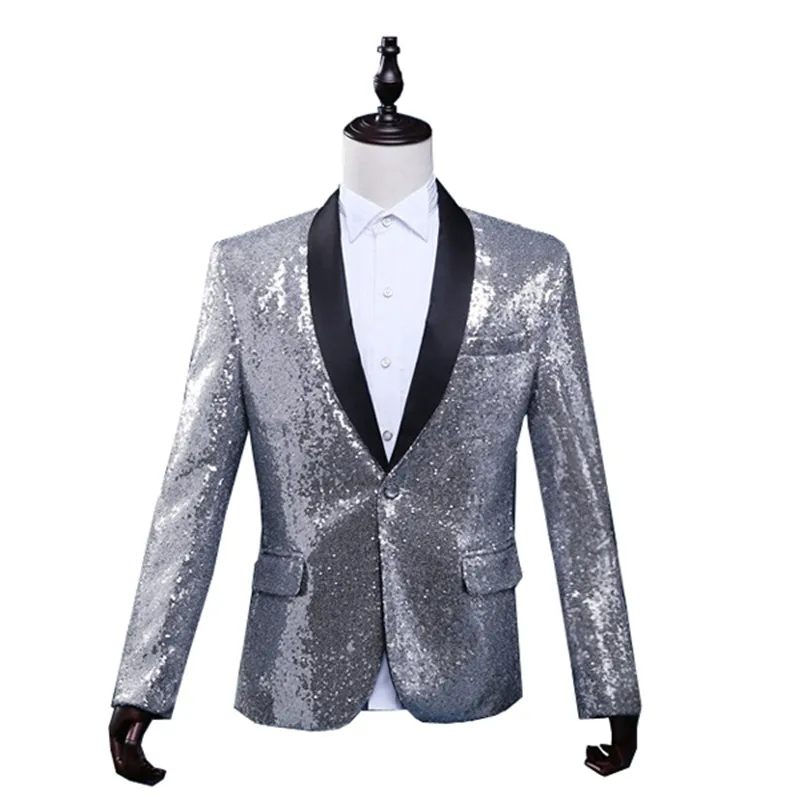 Silver Sequin Stage Clothing For Men Bomber Jacket Giacca Uomo Elegante