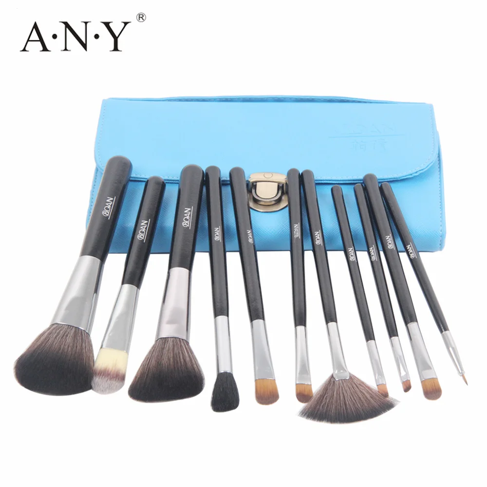 ANY Black Wooden Handle Makeup Brush Set 11PCS Professional Nylon