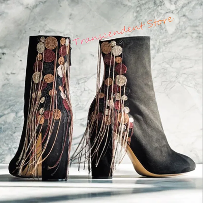 New High Heels Zipper Women Boots Spring Autumn Fringe Ankle Boots Genuine Leather Fashion String Bead Elegant Women Shoes