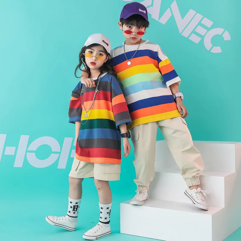 

2 Pcs Summer Children Jazz Costume Teenage Girls Short Sleeve T-shirts + Solid Pants Loose Rainbow Stripe Streetwear for Big Boy