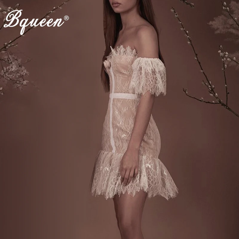 Bqueen 2019 New Fashion Solid Off Shoulder Lace Short Floral Sleeve With Flower Botton Sexy Mini Tassel Hem Bandage Dress | Женская
