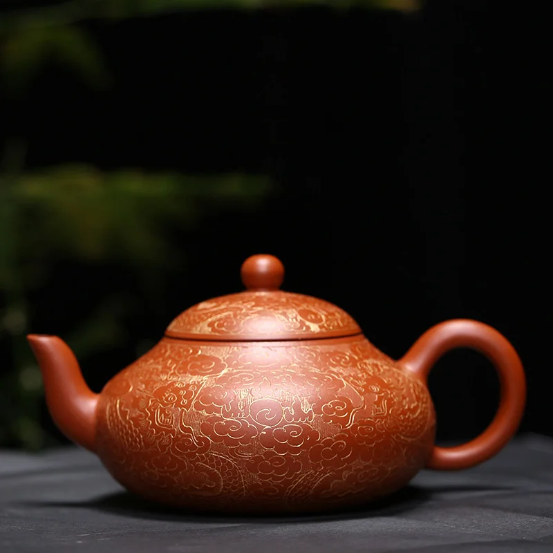 

PINNY 150ml Yixing Purple Clay "Gold Pear Shaped" Teapots Dragon Pattern Chinese Kung Fu Tea Pot Purple Sand Crafts Natural Ore