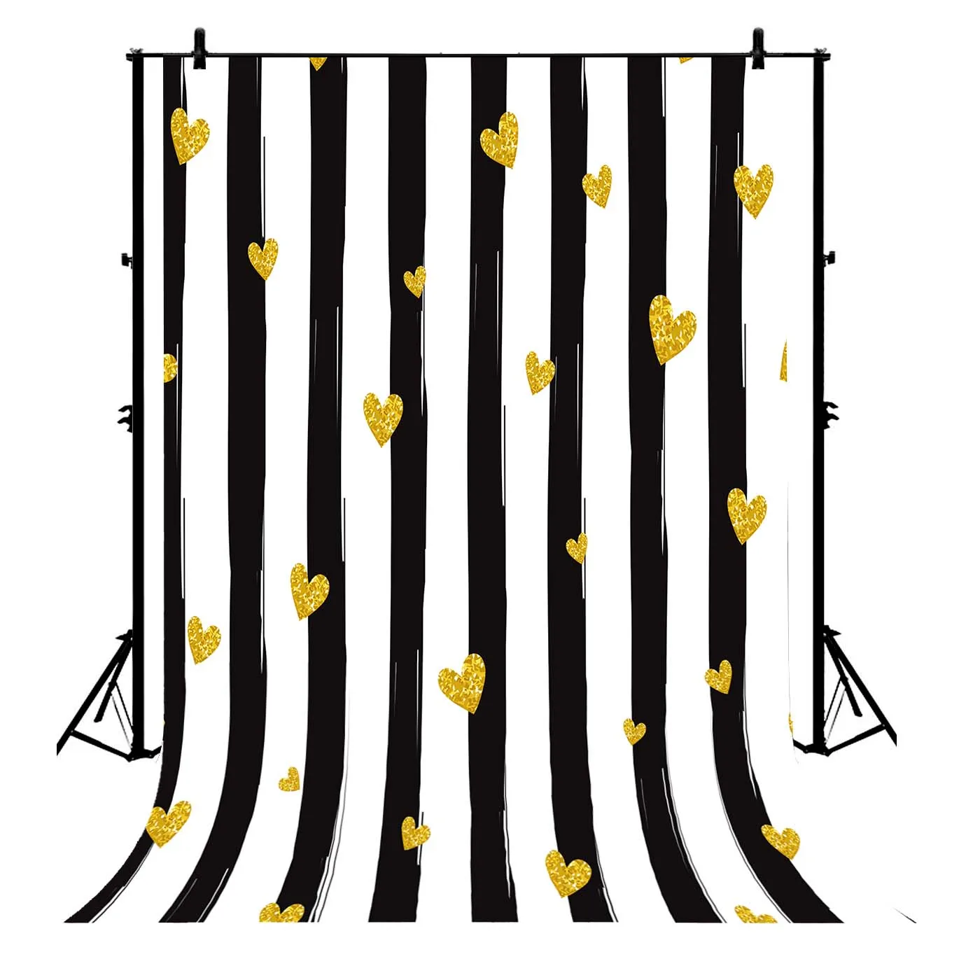 

5x7ft Valentine Day Golden Sequin Hearts Black White Striped Polyester Photo Background Portrait Backdrop