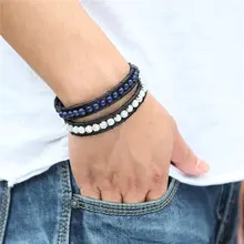 Подвеска из воловьей кожи ручной работы плетеный натуральный кожаный браслет с бусинами из нержавеющей магнитный браслет со стальными элементами Модные браслеты