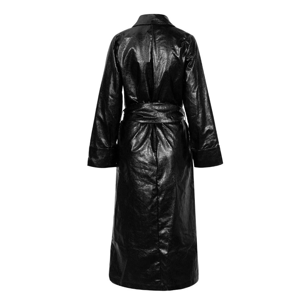 Модные серебряные Длинные Куртки из искусственной кожи с v-образным вырезом и поясом, женские куртки, Клубная одежда, повседневные новые черные