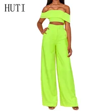 HUTI Off Shoulder Crop Top + Wide Leg Pants Trousers Women Elegant High Street Style Jumpsuits Summer Casual Combinaison Femme HUTI Off Shoulder Crop Top + Wide Leg Pants Trousers Women Elegant High Street Style Jumpsuits Summer Casual Combinaison Femme