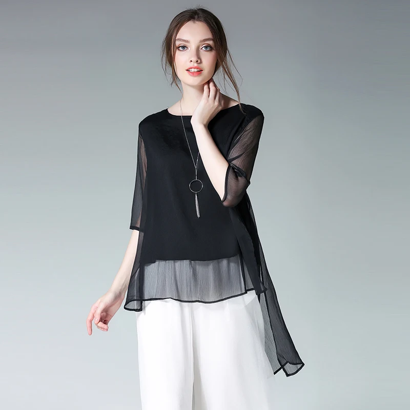 

2019 new women high and low asymmetrical chiffon blouse plus size XL-4XL solid color women fashion summer blouse black color