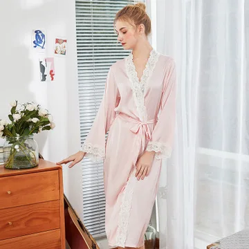 

Daeyard Fashion Dressing Gown Women Silk Spring Summer Long Robes Bride Bridesmaid Robe Kimono Satin Sexy Lace Trim Sleepwear