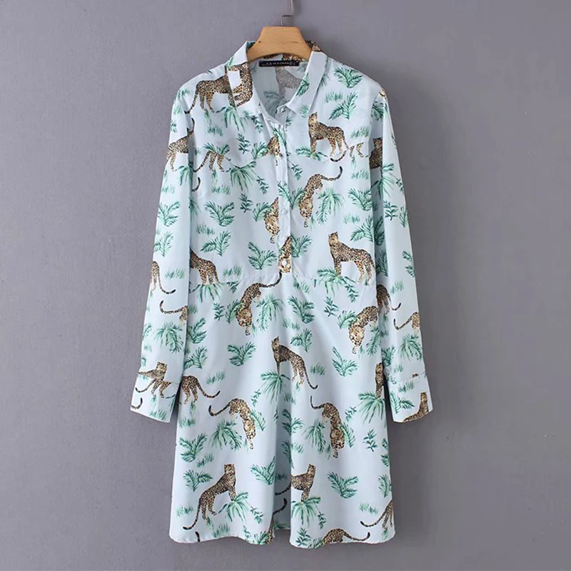 Women's Clothing Dress 2019 Animal Print Long Sleeve Turndown Collar Dress Ms Summer Street Sexy Slim Fit Temperament Clothing
