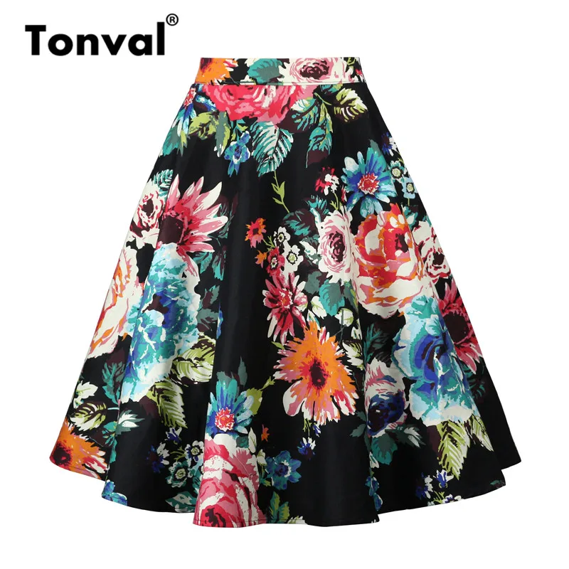 Tonval, трапециевидная юбка миди с цветочным рисунком, Ретро стиль, высокая талия, хлопок, винтажный стиль, юбки для женщин, цветочный принт, элегантная юбка