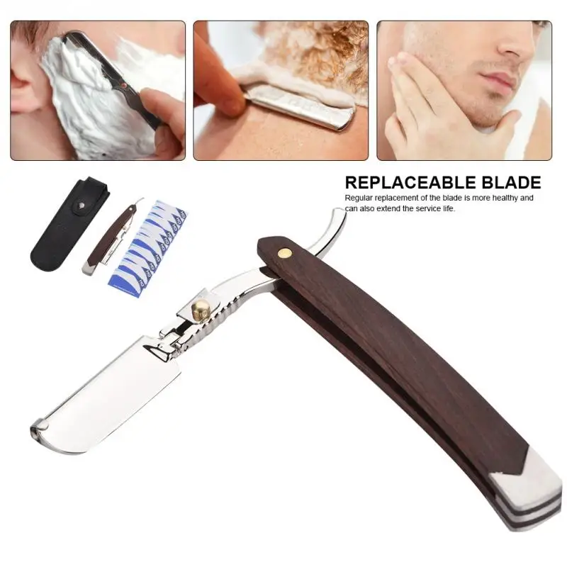 Retro Wood Handle + 10pcs Blade Head Shaving Razor Folding Shaver Male