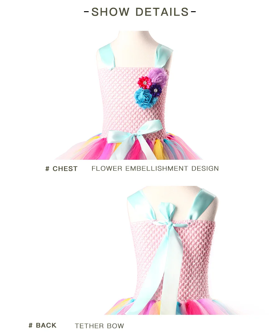 Elegant Rainbow Unicorn Girls Tutu Dresses Kids Flowers Birthday Party Dress with Headband Children Princess Tulle Prom Clothing  (1)