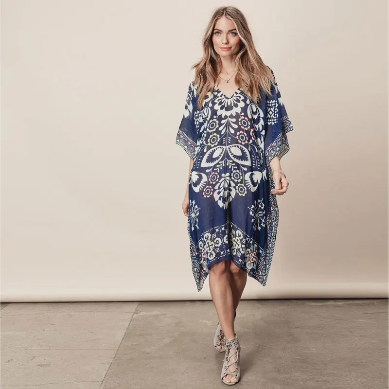 

ZAFILLE Women Print Beach Cover Up V Neck Beach Dress Bikini Cover Up Female Vacation Dress Bathing Pareo Beach Tunic Beach Cape