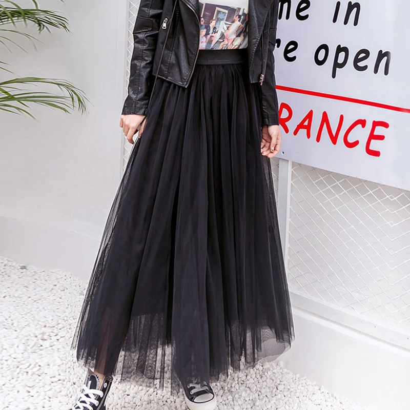 UPPIN New Spring Tulle Skirts Womens Fashion Girls Mesh Tutu Skirt Pleated Long Skirts Midi Skirt Saias Faldas Jupe Femme