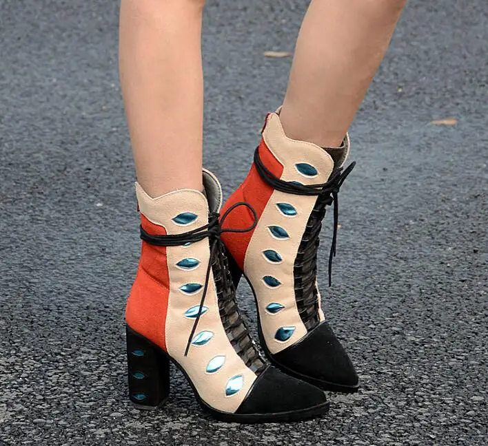 

Rousmery Mixed Colors Suede Leather Women Pointed Toe Ankle Boots Rome Style Ladies Lace Up High Heel Boots Chunky Heel Boots