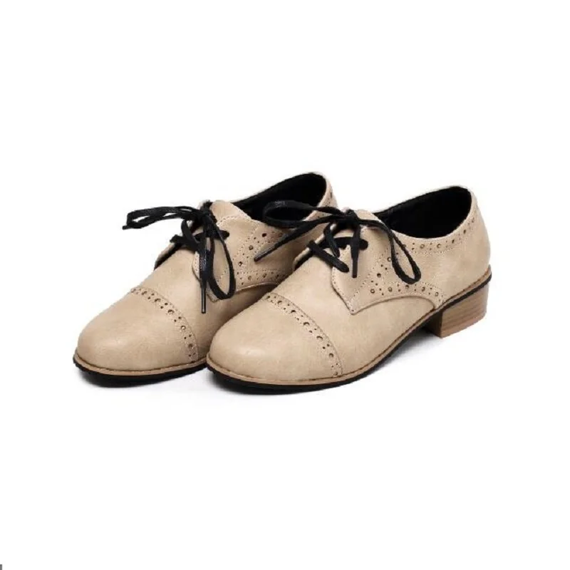 ZOEYUAI/Весенняя женская обувь с закрытым носком; обувь в консервативном стиле со шнуровкой в винтажном стиле; большие размеры; Туфли-оксфорды; цветные женские броги - Цвет: beige