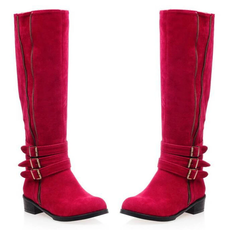 COVOYYAR/ г. Сапоги до колена мотоциклетные рыцарские сапоги на низком каблуке женская зимняя обувь женская обувь с боковой молнией и пряжкой размеры 34-43, WBS215 - Цвет: Красный