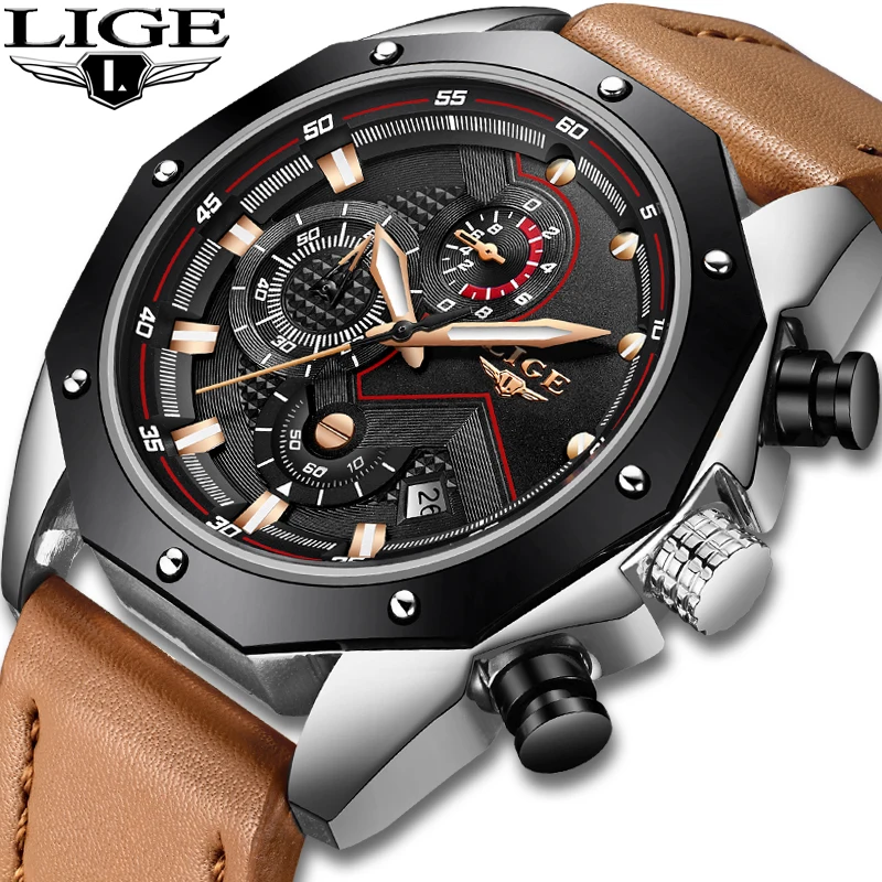 

Mens Watches LIGE Top Brand Luxury Quartz Gold Watch Mens Casual Leather Military Waterproof Sports WristWatch Relogio Masculino