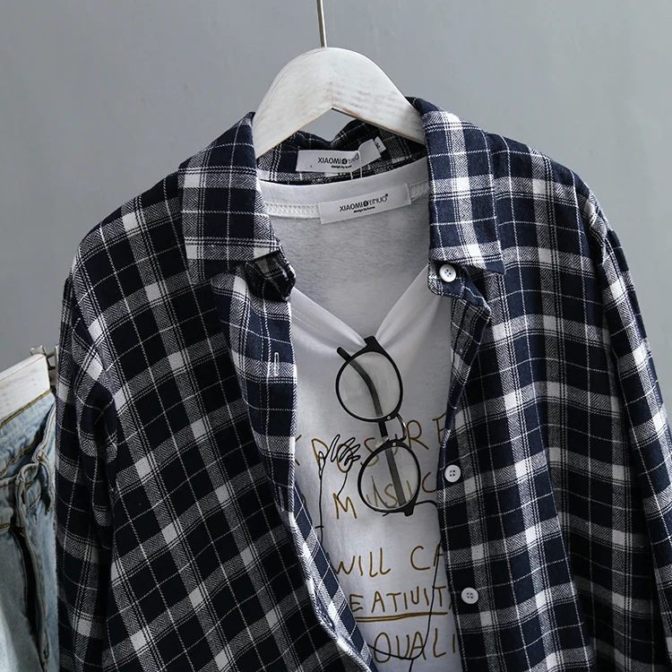 Повседневная клетчатая рубашка, Женская Длинная блузка, корейская мода размера плюс, женские топы, спереди короткие и сзади длинные блузки