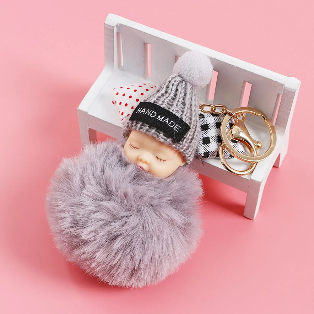 

1Pc Cute Sleeping Baby Keychain Fluffy Pompom Faux Rabbit Fur Ball Key Chain Car Keyring Women Key Holder Bag Pendant Decoration